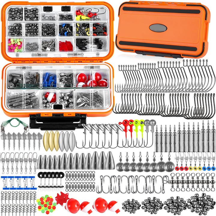 343 darabos horgász kiegészítő készlet, komplett jig és horog készlet ponty, pisztráng, csuka horgászatához édes- vagy sós vízben, tartalmaz horgokat, súlyokat és szerelék alkatrészeket, rekeszes és légmentesen záródó tárolódoboz