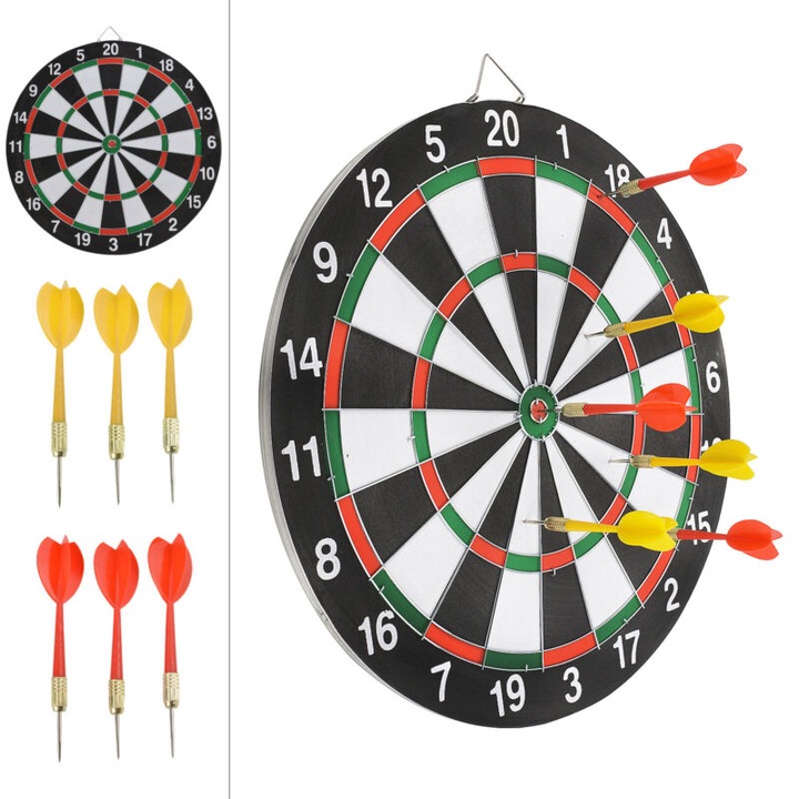 Öngyógyító szizál szálas darts tábla, 6 professzionális acél darts nyíllal, hivatalos verseny méret, teljes darts készlet, rögzítő rendszerrel, beltéri és kültéri használatra