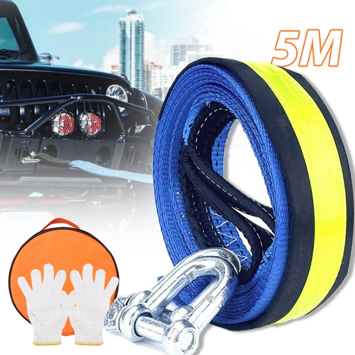 Cablul de remorcare auto, rezistent, ideal pentru tractare in caz de urgenta, echipat cu carlige metalice sigure, lungime 5 m, capacitate pana la 8 tone