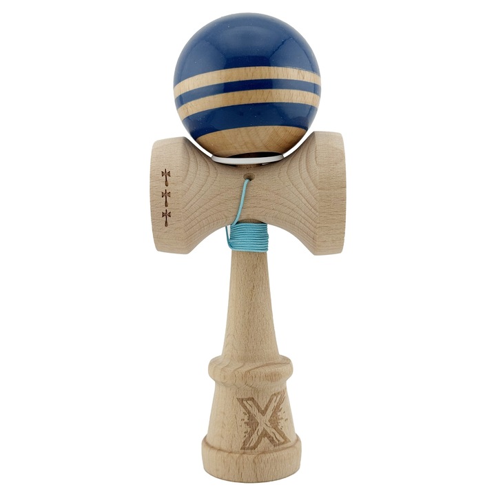 Kendama X Originala RAINBOW, Profesionala, Cupe Mari KING V3, Super Lipicios, Baza Gaurita, Rulment Metalic, din lemn 18 cm, Ata 62/65 cm, Albastru/Maro