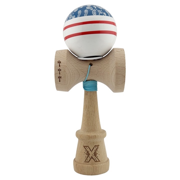 Kendama X Originala CHICANOS, Professzionális, Nagy KING SIZE V3 Kupák, Szuper Tapadós, Lyuk az Alapon, Fém Csapágy, 18 cm Fa, 62/65 cm Zsinór, Kék/Fehér