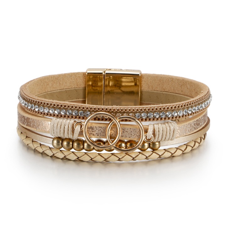 Bratara dama boho, 4 curele, khaki, 19,5x2cm