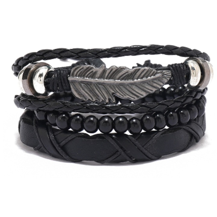 Set 3 bratari dama, piele ecologica, negru, lungime ajustabila 16,5x24cm