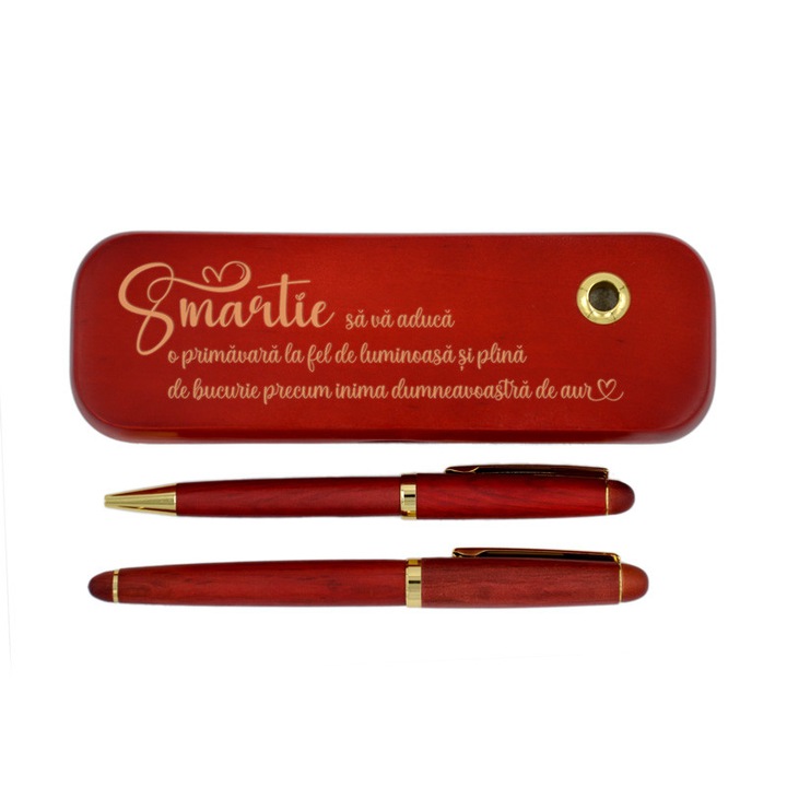 Set pix si stilou in cutie din lemn de trandafir, Piksel, mesaj 8 martie, profesoara, invatatoare, educatoare