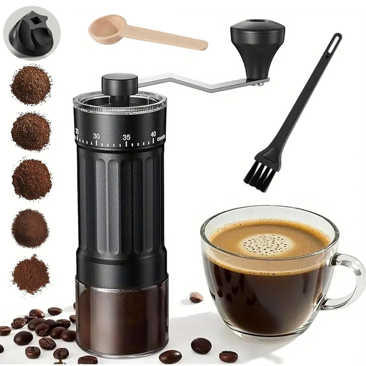 Mini rasnita manuala de cafea, asskanaer, Rasnita cafea, Bol detasabil, 40 setari de macinare, Capacitate maxima 35 g, Usoara a cafelei fine sau grosiere, Usor de curatat, Pentru calatorii camping birou espresso pour over etc, 17*5.78*18.9 cm, Negru