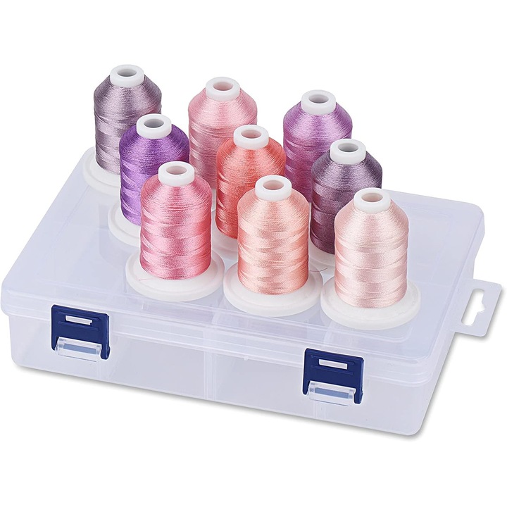 Set Ata De Brodat 9 Bobine, 730 m, Multicolor, Cutie Depozitare, Tonuri Roz