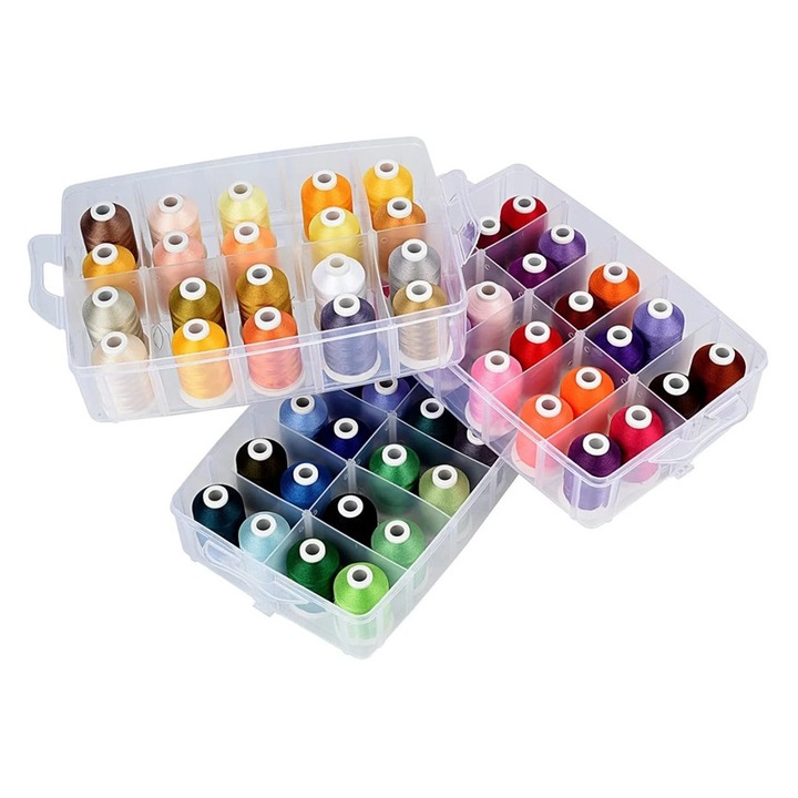 Set Ata De Brodat 63 Bobine, 1000 m, Culori Brother, Cutie Depozitare