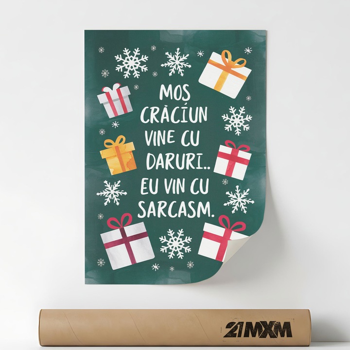 Poster decorativ, mesaj de Craciun, Vine Cu Daruri, A4 (21 x 29.7 cm), Fara Rama