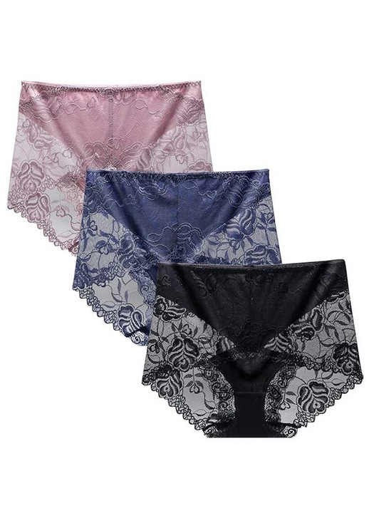 Set 3 boxeri din dantela, amestec de modal, Violet/Albastru/Negru, Negru/Violet/Albastru