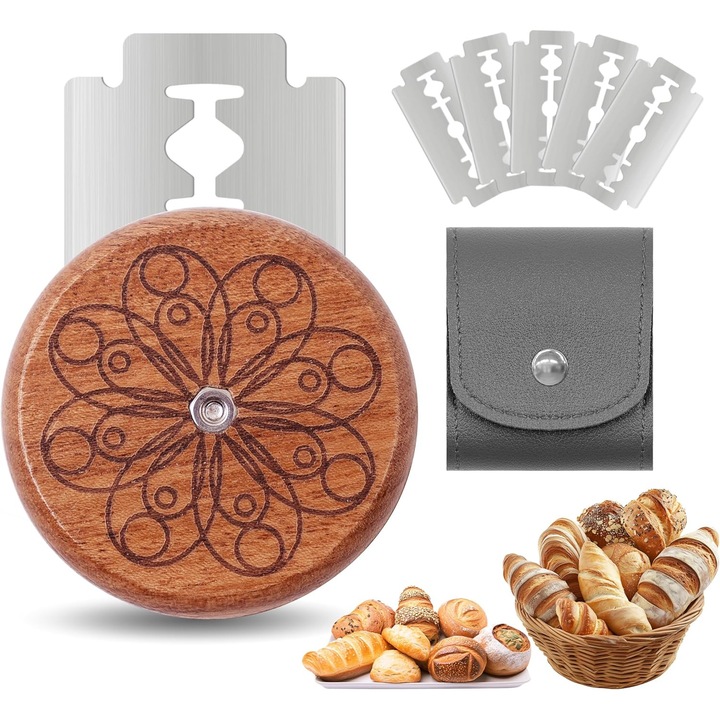 Set de taiere pentru paine kengege, cu 5 lame, husa de protectie, design rotund, pentru paine artizanala, baghete