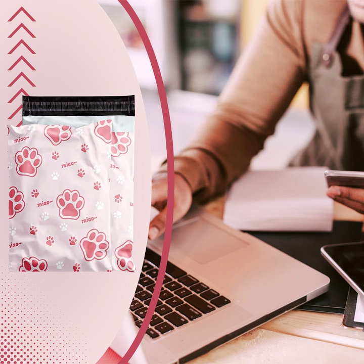 Szett 50x Futártasak 255 x 370mm Termékek Csomagolására és Szállítására, Logisztika, Vízálló, Öntapadós, Szakadásálló, Polietilén Zacskók, Macskamancs Design, Rózsaszín