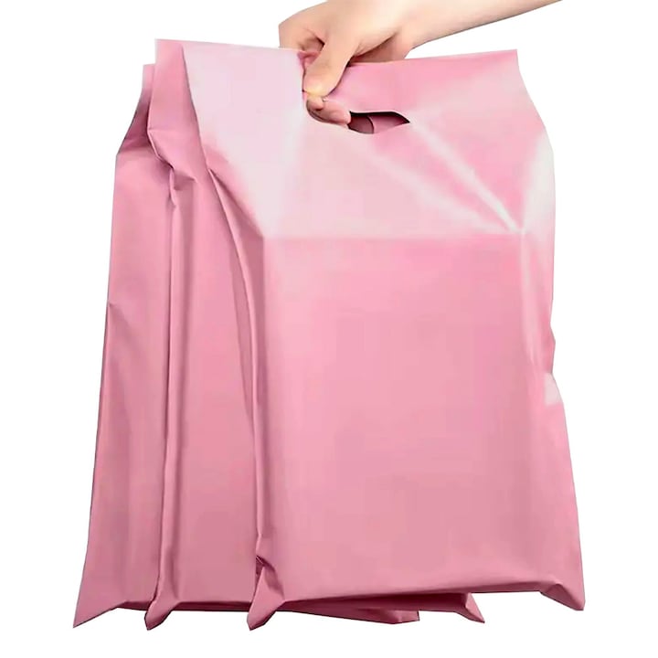 Set 250x Pungi Curierat 540 x 700mm cu Maner de 70mm, pentru Ambalare si Expediere Produse, Logistica, Impermeabile, Autoadezive, Rezistente la Rupere, Saci din Polietilena, Roz