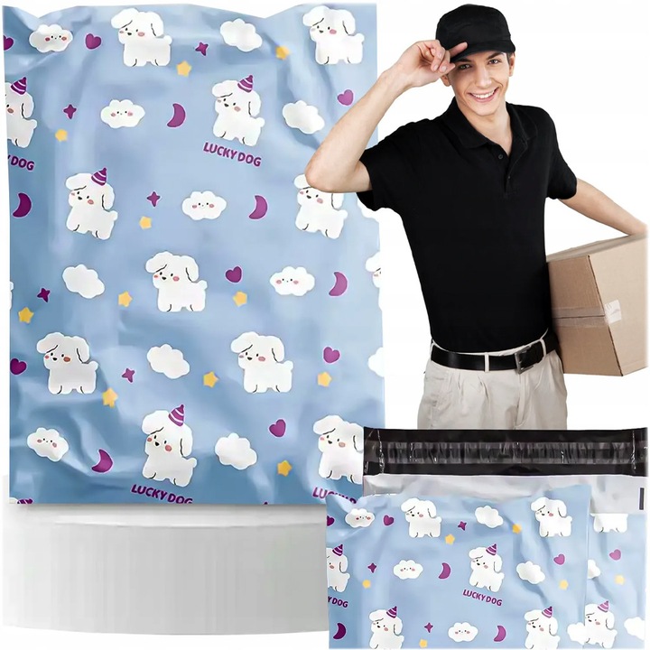 Set 50x Pungi Curierat 310 x 420mm pentru Ambalare si Expediere Produse, Logistica, Impermeabile, Autoadezive, Rezistente la Rupere, Saci din Polietilena, Design Lucky Dog, Albastru