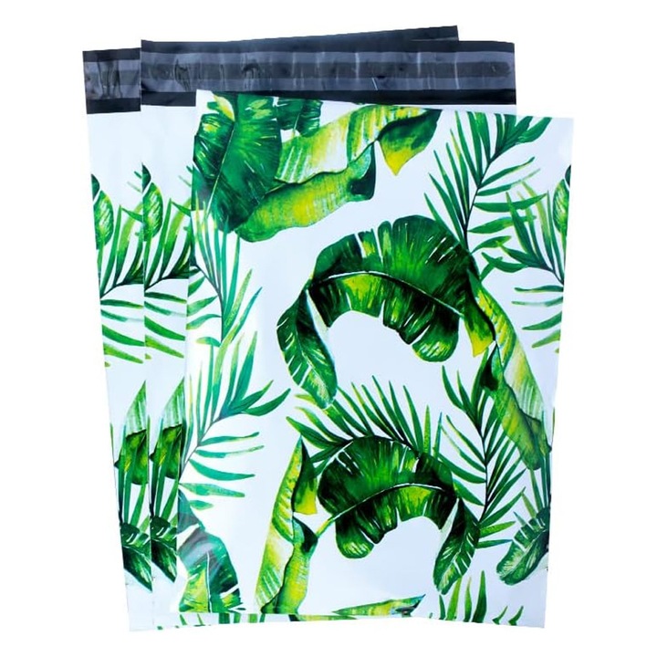 Set 50x Pungi Curierat 255 x 370mm pentru Ambalare si Expediere Produse, Logistica, Impermeabile, Autoadezive, Rezistente la Rupere, Saci din Polietilena, Design Frunze, Verde