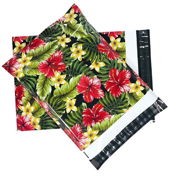 Set 50x Pungi Curierat 255 x 370mm pentru Ambalare si Expediere Produse, Logistica, Impermeabile, Autoadezive, Rezistente la Rupere, Saci din Polietilena, Design Flori Tropicale, Multicolor