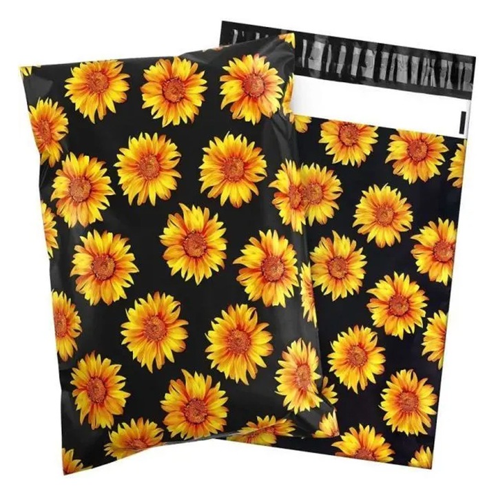 Set 50x Pungi Curierat 255 x 370mm pentru Ambalare si Expediere Produse, Logistica, Impermeabile, Autoadezive, Rezistente la Rupere, Saci din Polietilena, Design Sunflower, Negru, Galben