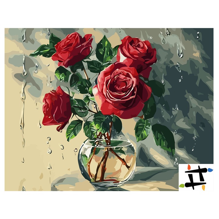 Set pictura pe numere Buchet de trandafiri rosii 6508, panza bumbac pe rama lemn, 60x80 cm, tablou cu schita, 3 pensule si vopsea acrilica