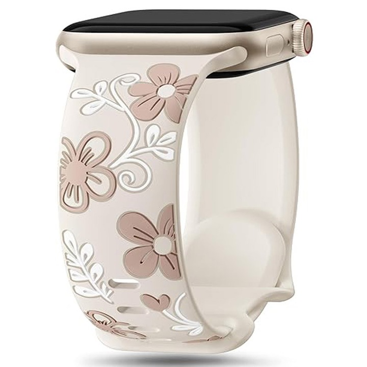 Curea florala din silicon pentru femei, BEEVME, 38x40mm, impermeabila, hipoalergenica, pentru Apple Watch 38mm, 40mm, 41mm