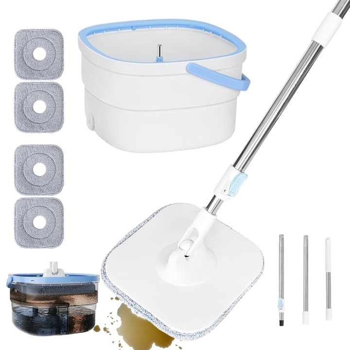 Въртящ се моп с кофа, bedee, Комплект за почистване с 4 микрофибърни резерви, Телескопична дръжка, Въртящ се моп на 360°, 130 см