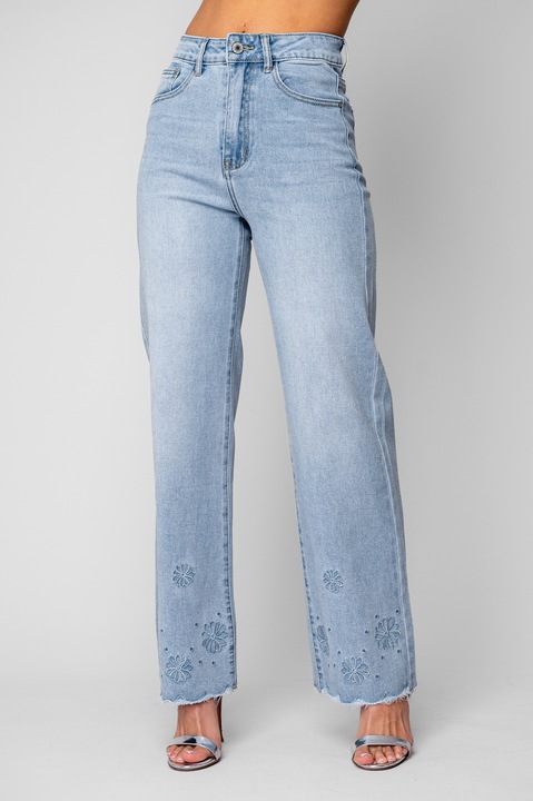 Blugi lungi elastici cu broderie florala Light Blue 20111, Albastru deschis