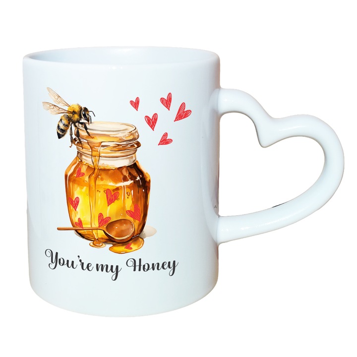 Cana alba personalizata, interior si maner inima alb, 350ml, Colectia Valentine's Day, You’re My Honey