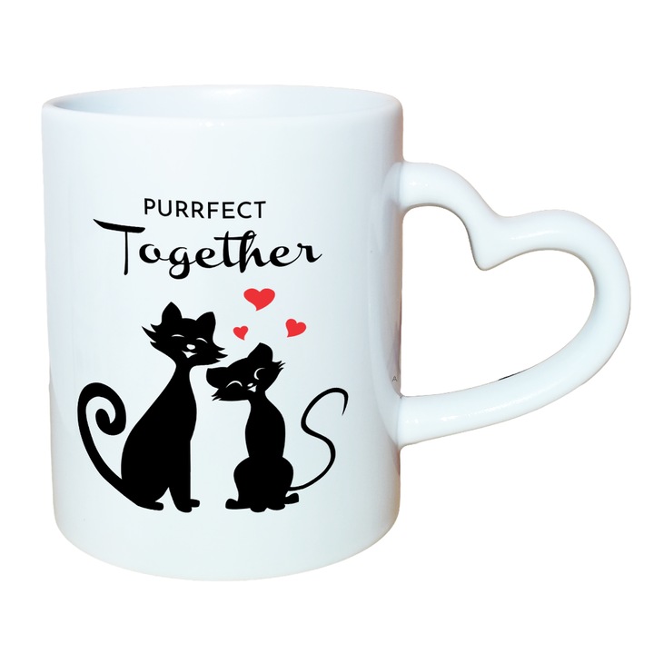 Cana alba personalizata, interior si maner inima alb, 350ml, Colectia Valentine's Day, Purrfect Together Model 2