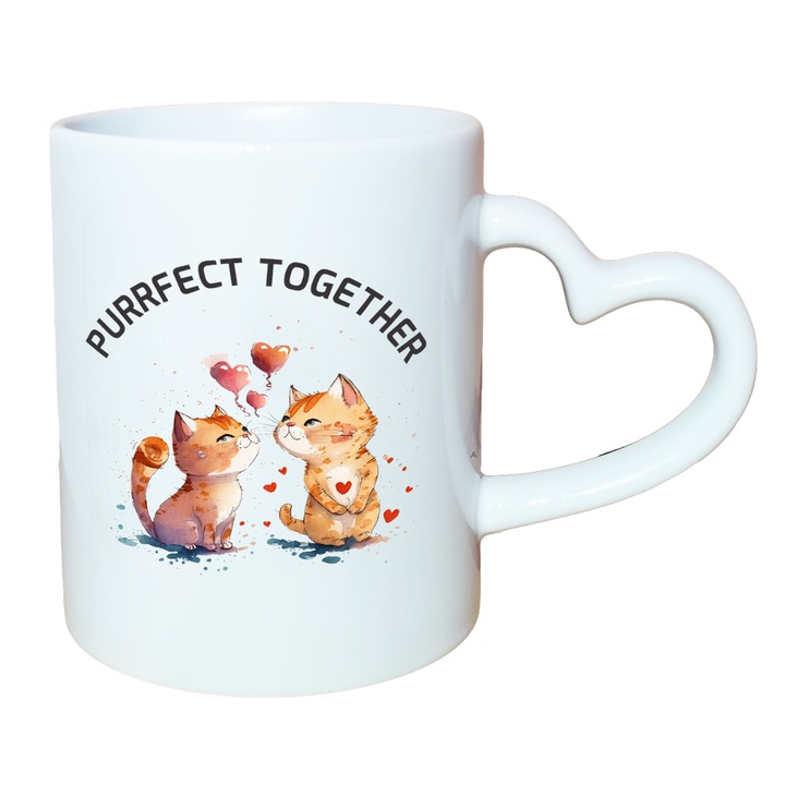 Cana alba personalizata, interior si maner inima alb, 350ml, Colectia Valentine's Day, Purrfect Together Model 1