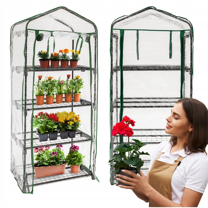 Mini sera 4 rafturi, Grindi, Kalmia I, Grindi, 50x70x158 cm, folie PVC transparenta, cadru metalic 16mm, protejeaza plantele si semintele pe balcon, acces usor cu fermoar