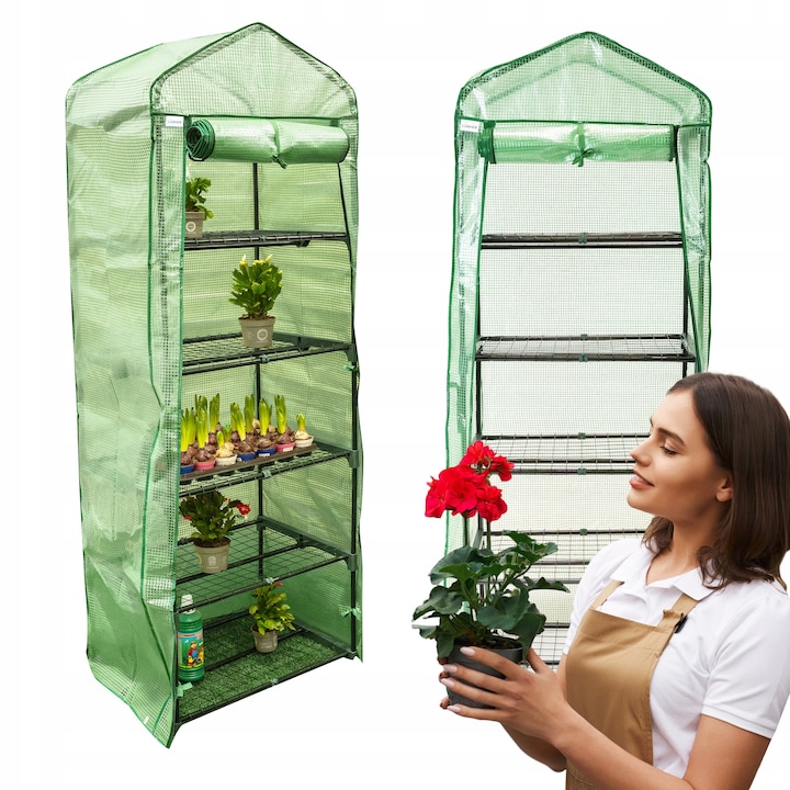 Mini sera, Grindi, 4 rafturi sarma 1.8mm, 50x70x158cm, folie PE verde, udźwig 10kg/raft, conditii ideale crestere plante Crocus II