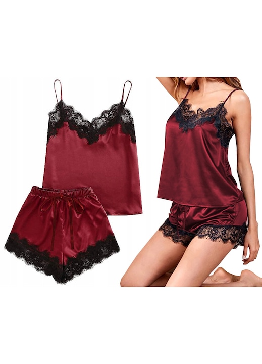 Pijama Dama Satin, SNM, Complet 2 Piese Cu Maieu Si Pantaloni Scurti, Lenjerie De Noapte Sexy Cu Dantela Neagra Si Bretele Reglabile, Material Fin Si Matasos, Marime Universala S-L, Ideala Pentru Cadou, Negru Si Bordou