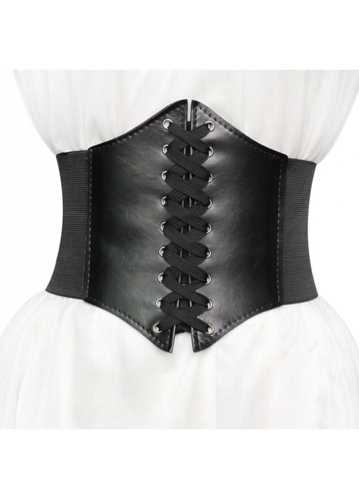 Широк колан тип корсет, SNM, Еластичен дамски колан с връзки и еко кожа, Колан за талия със закопчаване на велкро, Моделиращ и елегантен ефект, Универсален размер, Ширина на ластика 12 см, Идеален за рокли и ризи, Черен