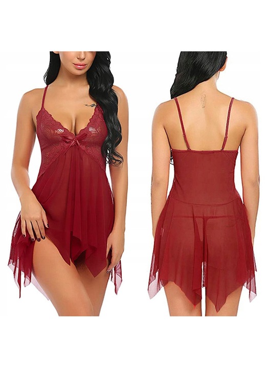 Szexi Hálóing, SNM, Női Csipke és Átlátszó Anyagú Fehérnemű Szett, Teljes 2 Darabos String Tangával, Állítható Pántok, Érzéki A Típusú Dizájn, Univerzális S-L Méret, Sötétvörös