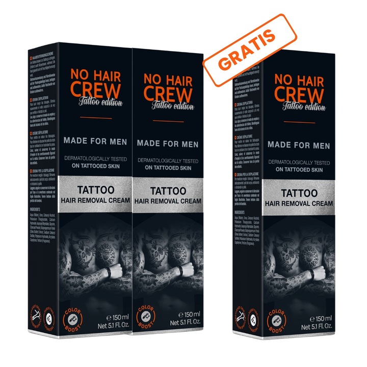 Crema depilatoare No Hair Crew TATTOO EDITION, 150 ml, set 2 tuburi + 1 spatula, unisex