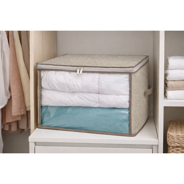 Husa Depozitare VENITIVO® Textila cu Fermoar pentru Haine si Pilote, Fereastra Transparenta, 60 x 50 x 35 cm, Bej