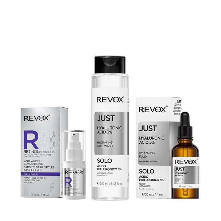 Pachet pentru hidratare Revox - Gel ochi Retinol 30 ml + Face Wash HA 3% 250 ml + Fluid HA 5% 30 ml