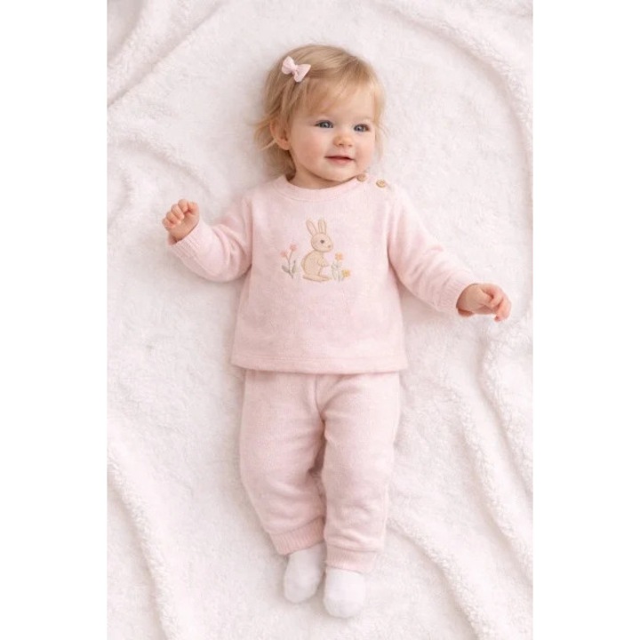 Set memoza brodat cu iepure – bumbac 100%, roz, Roz