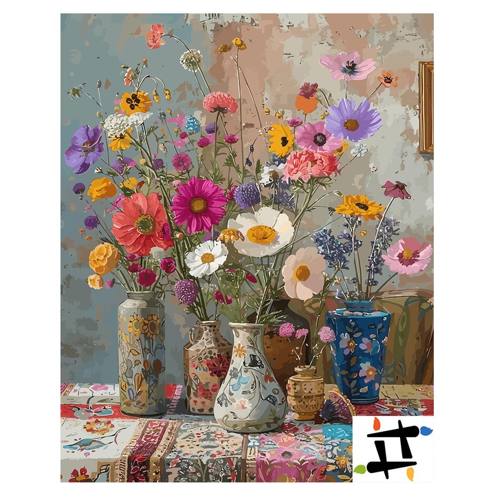 Set pictura pe numere Flori in vaze 6512, panza bumbac pe rama lemn, 40x50 cm, tablou cu schita, 3 pensule si vopsea acrilica