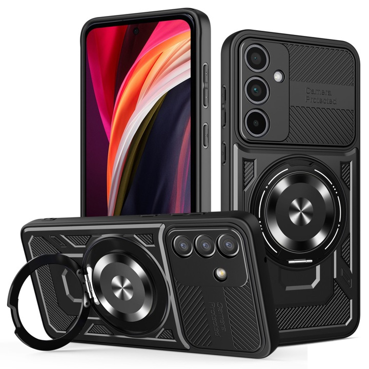 Samsung Galaxy S24 5G / S25 5G kompatibilis Defender Armor Mag tok – mágneses, MagSafe kompatibilis, kitámasztható, ütésálló, fekete