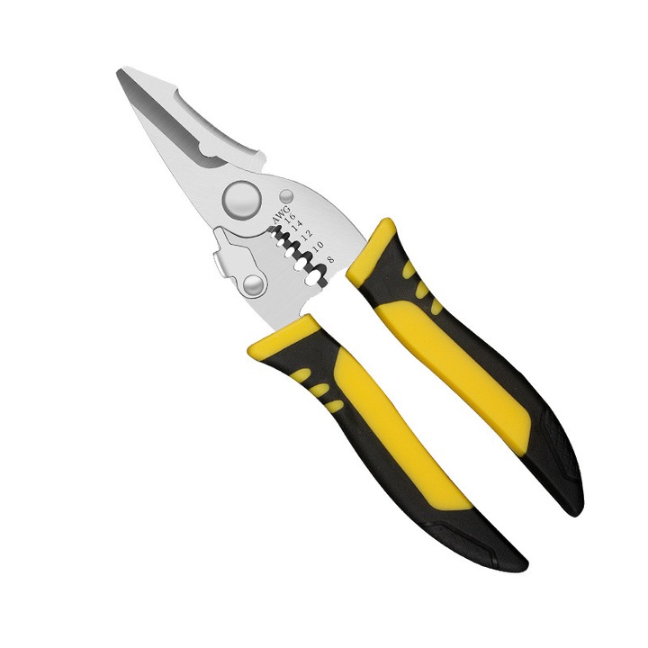 TUPI multifunkciós fogó vágáshoz, krimpeléshez, csupaszításhoz, sárga, 19.5x6cm