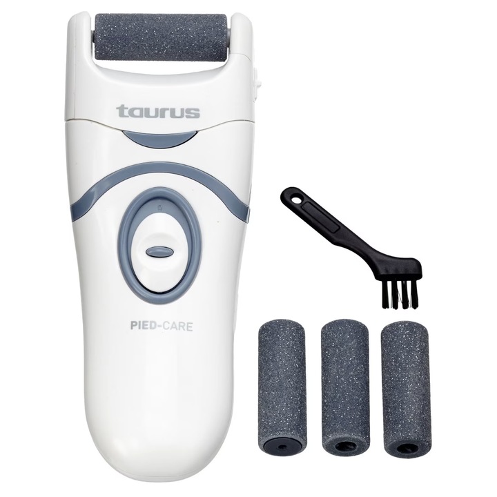 Aparat Indepartare Calus, TIRAVIS® TAURUS, Pied Care Cu Alimentare 4.5V, 2 Viteze De Functionare, Role Cu Rotatie 360°, 4 Role Cu Microminerale Incluse, Perie Curatare Si Capac Protectie, Utilizare Umed/Uscat, Pentru Maini Si Picioare, Alb/Gri