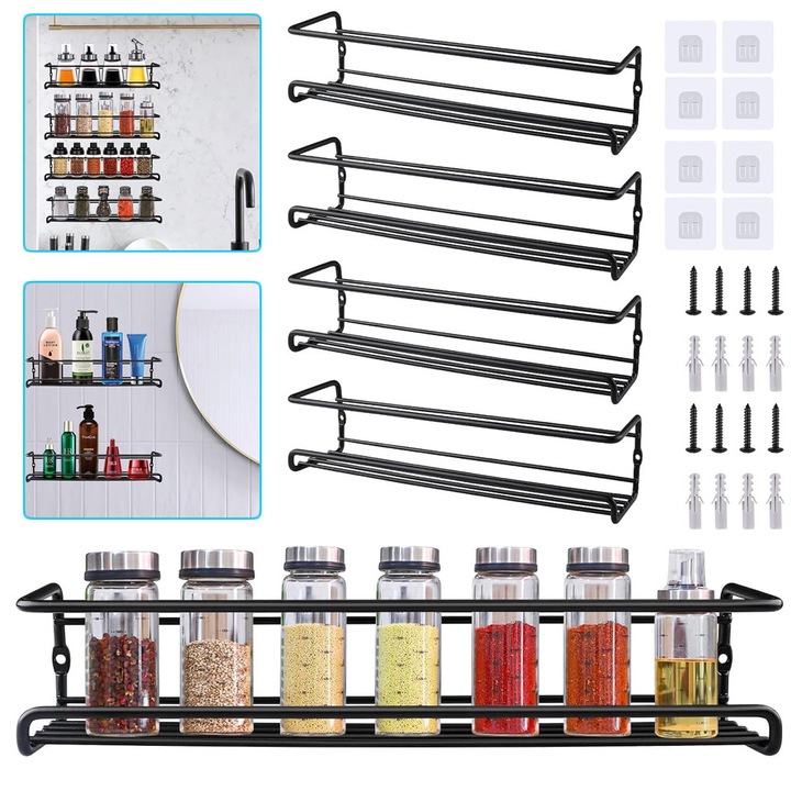 Organizator Pentru Condimente Metalice Cu 4 Niveluri, Suport Pentru Condimente Montat Pe Perete Cu Autocolante Adezive Si Suruburi, Raft De Bucatarie Camara Pentru Condimente Organizator Pentru Dulap