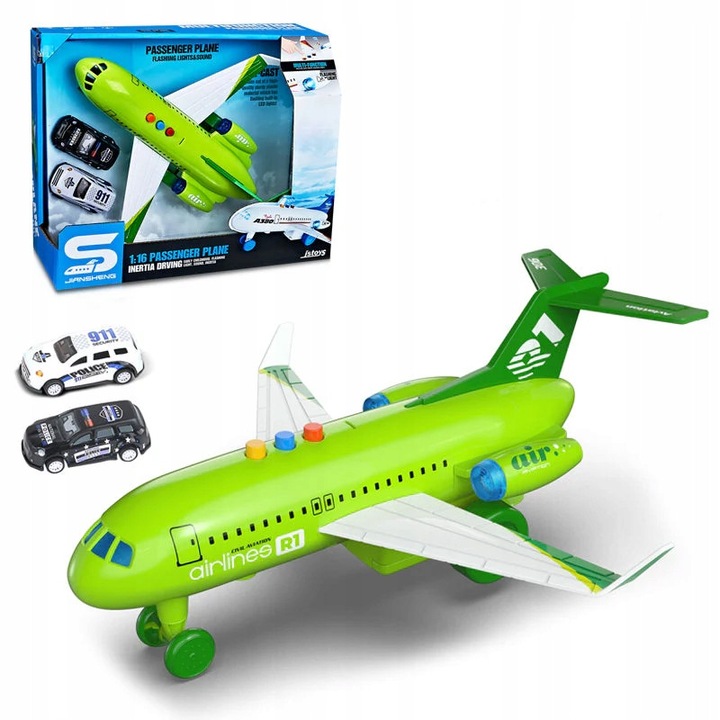 Set interactiv avion verde cu efecte luminoase si sonore, BrukoSK, 2 masini, 28,5x26,6x11cm, pentru copii 3+ ani