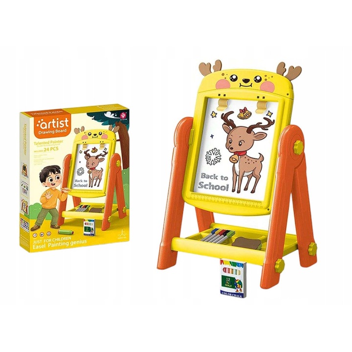 Tabla educativa dubla BrukoSK, 34x26x49cm, cu accesorii creative, 12 culori de creta