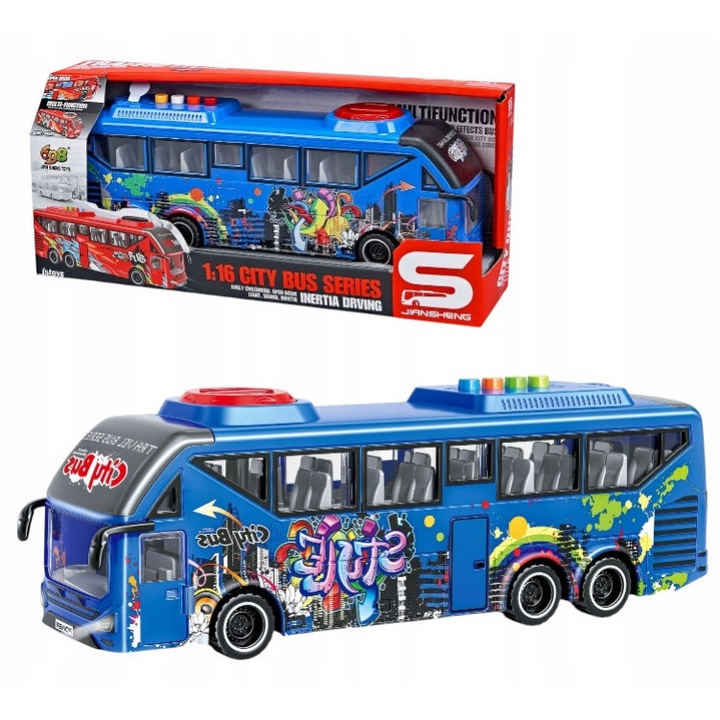 Autobuz urban BrukoSK, 1:16, deschidere usi, efecte sonore si lumini, albastru, 27x7x9cm
