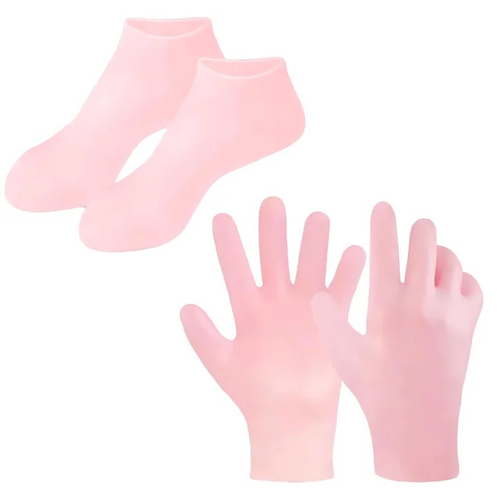 SPA szett hidratáló kesztyűvel és zoknival, pasztell rózsaszín, szilikon, újrafelhasználható