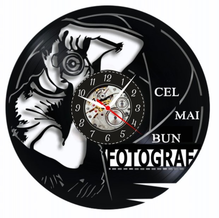 Dekoratív falióra "Legjobb Fotós", vinyl lemezből készült (Vinyl Record Clock), Fotográfia tematikus design, 30 cm átmérőjű, Fekete