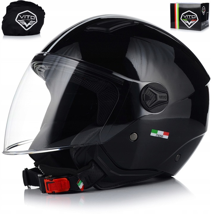 Casca Moto, VITO Moda, pentru copii, Negru lucios, Jet, Open Face, Protectie UV, ABS, ECE 22.06, XXXXS 49cm