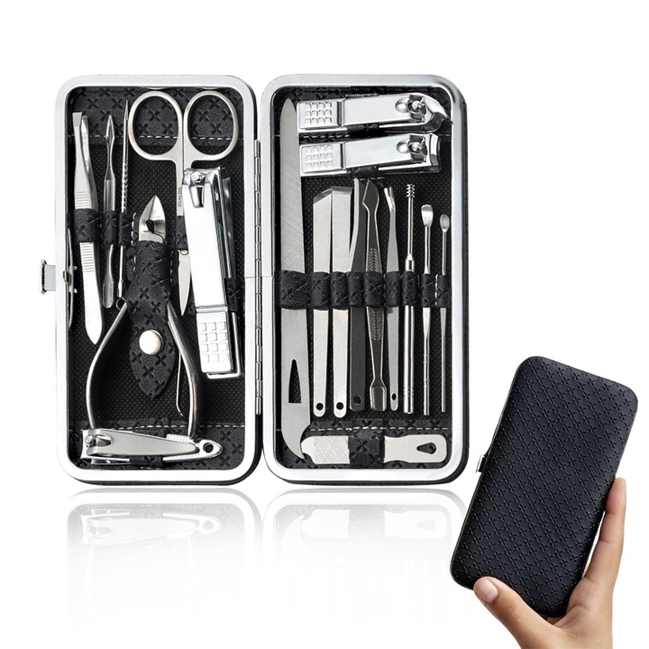 Set trusa manichiura , pedichiura SuooTci, 19 piese, inox, cutie de depozitare, portabil
