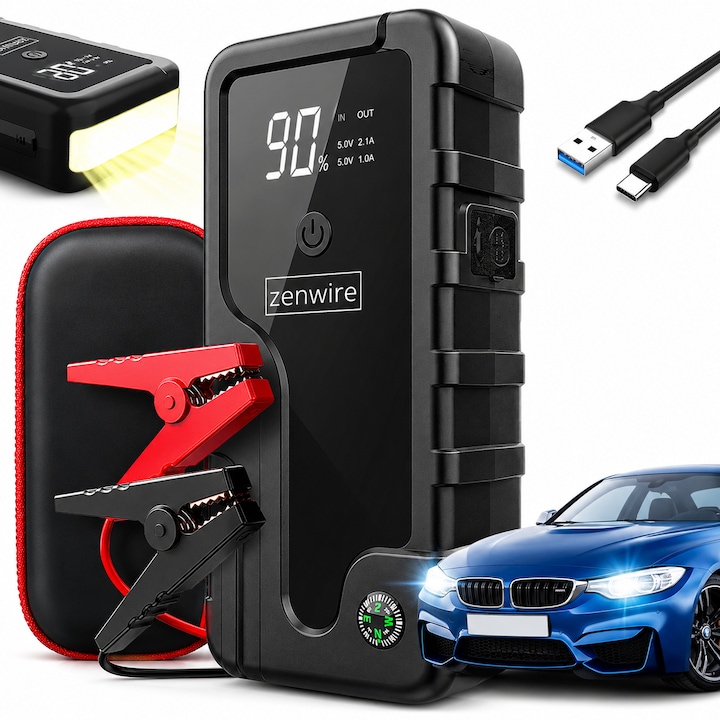 Jump Starter auto 12V, booster baterie 6400 mAh, curent de varf 2000A, powerbank portabil, lanterna LED SOS, display LCD, cleme inteligente, pentru masina, motocicleta, SUV, Zenwire CY16