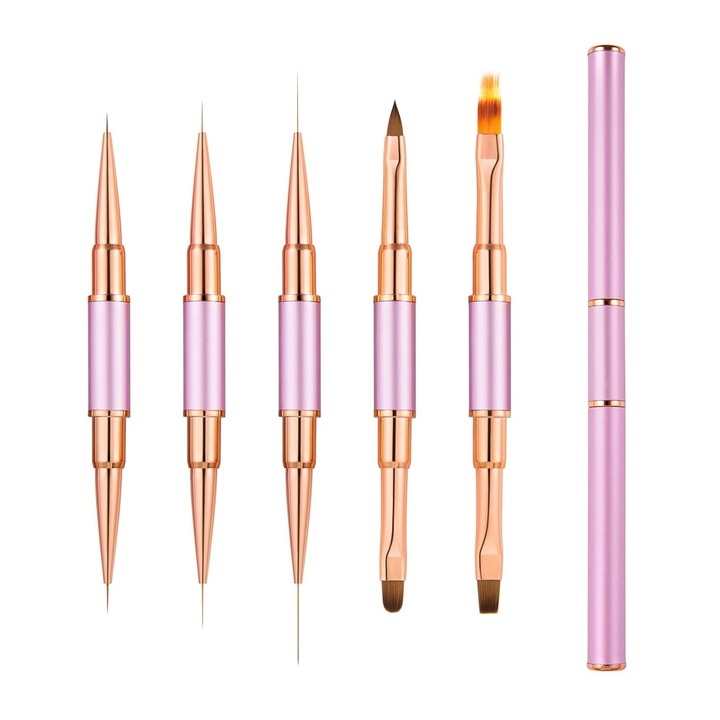 Set 5 pensule pentru decor unghii, OioTuyi, Maner metalic, Pentru manichiura si nail art, Varfuri diferite, Violet